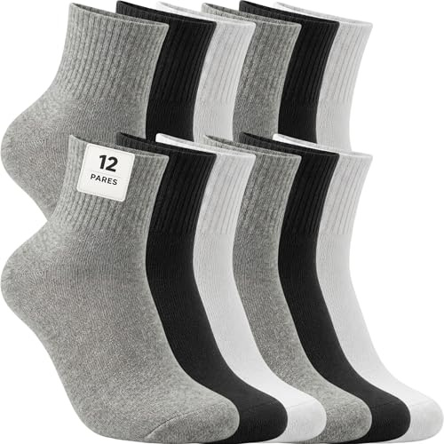 12 Pares Calcetines Deportivos Hombre Mujer – Pack Calcetines Media Caña Unisex para Running, Gimnasio, Tenis, Trabajo, Uso Diario – 85 % Algodón (FR/ES, Números, 40, 46, Regular, Regular, Surtido)