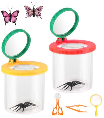 Zikenis 2 Stück Becherlupe Set,Insektenfänger,Becherlupen für Kinder Lupenbecher Insektenfänger,mit Schmetterlingsfangnetz,Pinzette,Kleinkindspielzeug,für Kinder Outdoor Wissenschaft Natur Erkundung