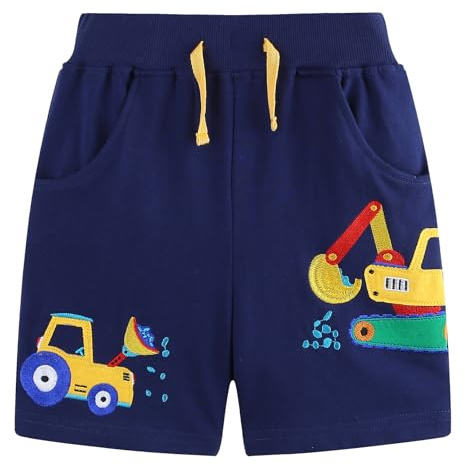 JinBei Pojkar shorts sommar bomull korta byxor barn med fickor säckiga shorts pojkar elastisk midja sportbyxor fritidsshorts sovshorts grävmaskin och dinosauriemönster mörkblå, GR. 92–122, grävmaskin