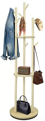Simcat 165cm Wooden Coat Stand, Coat Rack Stand with 3 Shelves & 9 Hooks, Freestanding for Entryway, Bedroom, Hallway (Rotating rack wood color)