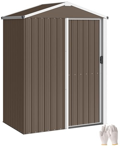 Outsunny Metallverktygshus 1,1 m², enhetsskjul med sattetak, låsbara skjutdörrshandskar, 136 x 87 x 179 cm, väderbeständiga utomhus trädgårdshus skjul för bakgård trädgård brun