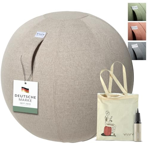 VLUV® BOL SOVA Sitzball Büro ergonomisch - Gymnastikball mit waschbarem Stoffbezug, atmungsaktiv, Tragegriff und Wegrollschutz - für Schwangerschaft und Home Office - Beige - 60cm bis 65cm