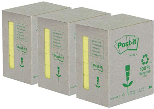 Post-it 6531B Recyclingpapier, 38 x 51 mm, 80 g/m², 3 x 51 x 38 mm, Gelb, 100 Blatt