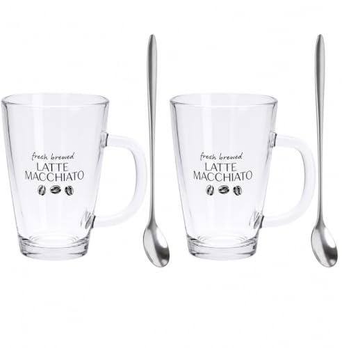 MIJOMA Lyxigt 2-pack latte macchiato-glas med handtag och 2 rostfria skedar, mångsidigt användbara kaffeglas, värmebeständiga, diskmaskinssäkra och livsmedelssäkra, 300 ml