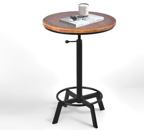 BOKKOLIK Vintage Bar Table 30-35.4inch Height Adjustable Industrial Bistro Table Retro Dinning Table for Kitchen Coffee House Pub Swivel Wooden Top