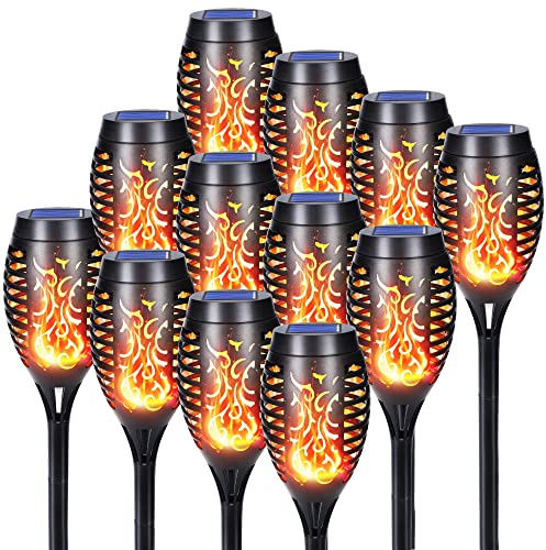 Qedertek Lampade Solari da Giardino - 12 Pezzi 12 LED Solare Torcia Luce con Effetto Fiamma, Luci Solare Esterno impermeabile IP65 Decorazione per Giardino, Cortile, Vialetto, Prato, Patio, Corridoio