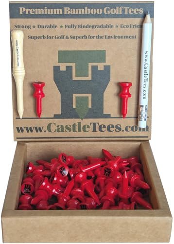 Castle Tees Original Red Lot de 40 tees de golf en bambou de qualité supérieure avec un outil de réparation de terrain gratuit, un marqueur de balle et un crayon. Deux fois plus résistants que le