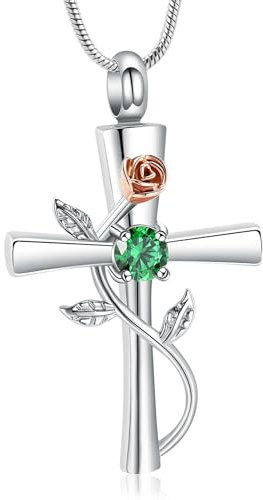 VCCWYQK Collier urne funéraire en forme de croix pour femme - Pierre de naissance - Fleur de rose - Bijoux de crémation pour femmes et filles - Pendentif souvenir pour cendres (vert)