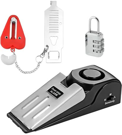 QEEYON Verbesserte Türstopper Alarm, Türstopper Alarmkeil & Vorhängeschloss, 3-fach Schutz mit Alarmfunktion 120db Einbrecher, Alarmsystem zum persönlichen Schutz von Haushotels