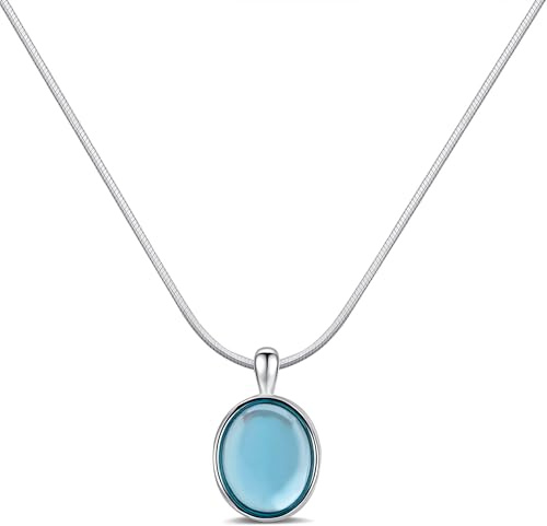 Teppdfann Silver Aquamarine Necklace Oval Blue Pendant Necklace March Birthstone Necklace for Women Handmade Aquamarine Jewelry for Gift