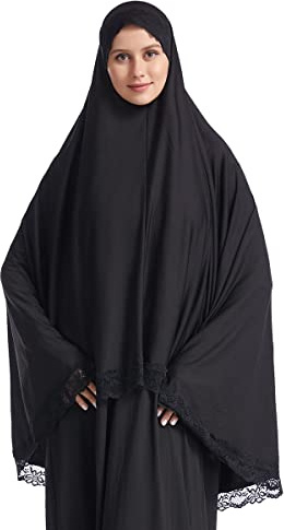 Khimar Long Hijab Scarf For Women One Piece Lace Headscarf Muslim Ready To Wear Jersey Scarves Instant Undercap Non See Through Headwear Arabia Islamic Prayer Dress Shawls Body Cover Black M