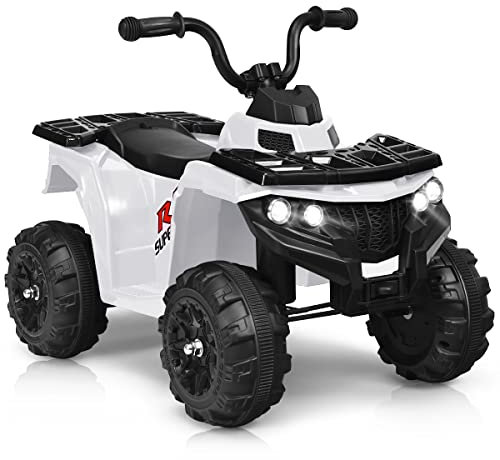 GYMAX Kids Electric Quad Bike, 6V Battery Powered Toy Car with Music, Story, Headlights, USB/MP3/AUX, Forward & Backward, Children Electric ATV for 3 Years Old + Boys Girls (White)