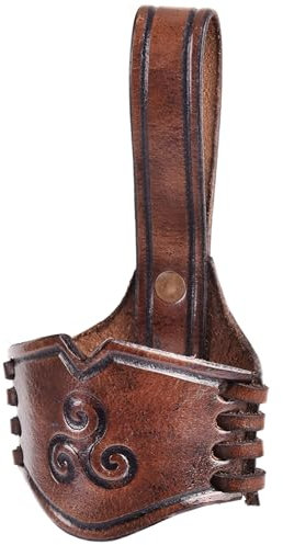 Ulfberth Support en cuir pour corne à boire avec triskèle en relief, porte-ceinture pour cornes à boire, support pour corne à boire, support pour corne à boire, viking médiéval (marron foncé, 0,2 l -
