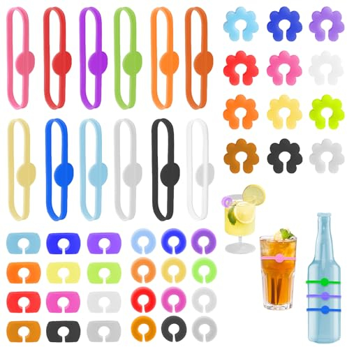 UKOFEW Segnabicchieri Silicone,48 Pezzi Segna Bicchieri Calici,Identificatore Del Bicchiere di Vino,Riutilizzabili Segnabicchieri Per Varie Tazze,Forniture per Decorazioni