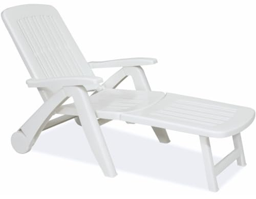 Tomaino - Sonnenliege aus Kunststoff für den Garten - Rückenlehne neigbar, klappbar mit Rädern - Camping, Strand, Pool, für den Außenbereich (weiß)