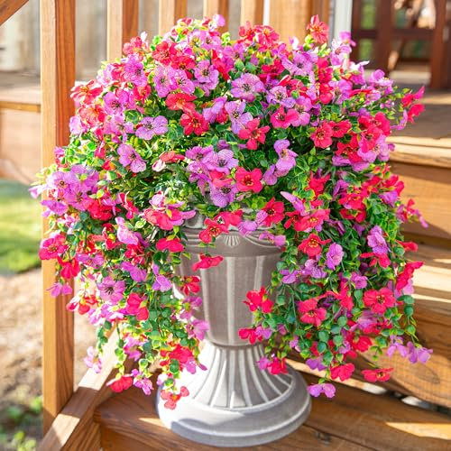 Artificial Faux Hanging Flowers Plants for Outdoor Decor, 2 PCS Outside Fake Silk Violets with Eucalyptus UV Resistant Realistic Daisy Trailing Vines for Planter Balcony Porch Patio Yard, Purplepink