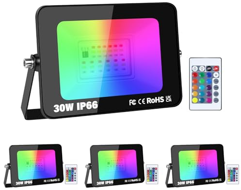 RIGIDON 4Pcs 30W RGB Outdoor LED Floodlight with Remote Control, RGB Floodlight LED Outdoor Indoor Colour, 16 Colors 4 Modes Neon Spot Led for Jadin Patio Patio, IP66 Waterproof