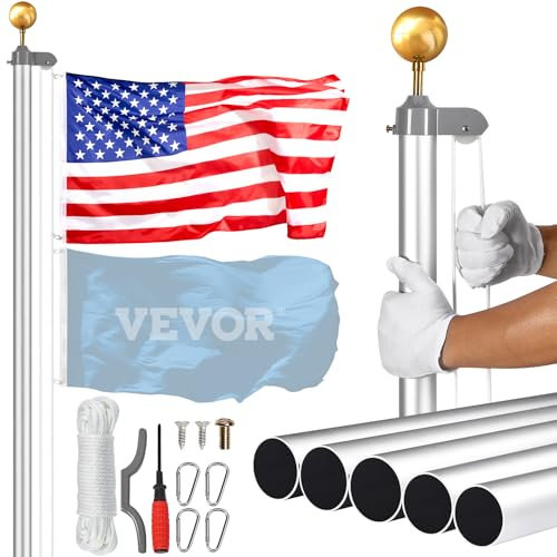 VEVOR Kit de mât de Drapeau détachable 6090 mm, mât de Drapeaux en Alliage d'aluminium Robuste dans Le Sol pour extérieur, mât de Drapeau à 3 Modes d'affichage avec Accessoires Professionnels, Argent