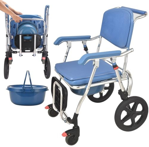 Miuxe Silla Ducha con Ruedas Plegable 3 En 1 Silla WC Personas Mayores con Ruedas, Silla De Baño Ducha Minusvalidos, Silla Inodoro Ancianos con WC para Personas Mayores, Carga Máxima 150kg