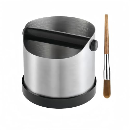 CHDEXU Coffee Grounds Knock Box, Small Stainless Steel Espresso Coffee Knock Box, Coffee Grind Knock Out Box with Removable Knock Bar and Coffee Brush, Coffee Grounds Container with Non-Slip Base