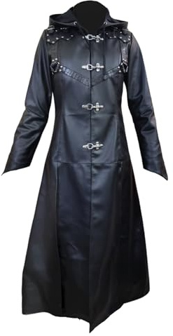 Trench-coat à capuche en cuir véritable noir pour femme - Style gothique steampunk long, Noir , L