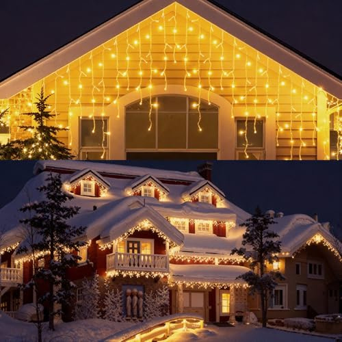 Catena Luminosa a Esterni a Bassa Tensione , Lunga 10 Metri con 400 LED, 8 Modalità con Timer, Tenda Luminosa Natalizia Impermeabile per Esterni/Interni, Adatta per Tetti, Balconi, Giardini, Feste