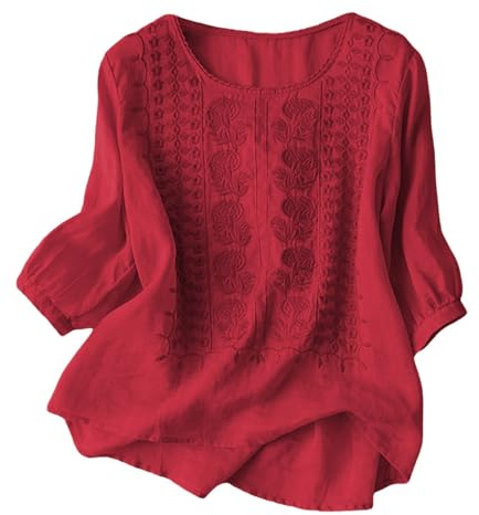 Nlaayong Chemisier Coton et Lin Manches Courtes pour Femme Blouses Ample Col Rond Tunique D'été Boho Vintage Broderie Top Hauts Lâche Respirant Grande Taille Tunique Blouse