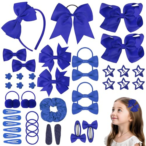 LOPHE Accesorios Pelo Niña, 77 Unidades Lazos Pelo Bebe, Horquilla de Lazo Set con Gomas Elástica, Clips, Pinzas de Estrella, Coleteros, Varios Estilos, Prendedores Pelo Niñas (Azul Rey)