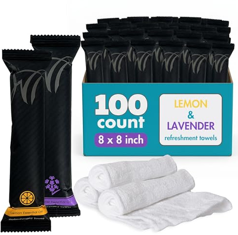 White Towel Services 8 x 8 inch Moist Cotton Towel Individually Wrapped - Lemon and Lavender (Case of 100)