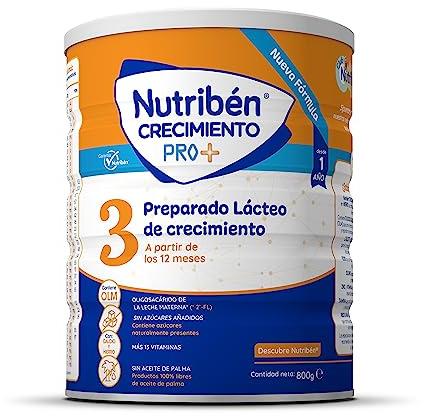 Nutribén Crecimiento Pro+ 3 - Leche en Polvo Bebé de Fórmula a partir de los 12 Meses | Leche sin Aceite de Palma, con Cacito Dosificador Incluido y con 13 Vitaminas | 1 Bote de 800g