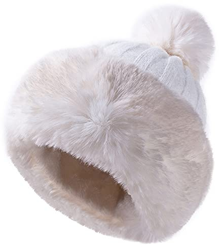 JFAN Femme Laine Mohair Bonnet Tricotée Polaire Pom Pom d'hiver Doux Ski Multicolore Mode Chaud Duveteux Doublure Chapeau Blanc Taille Unique