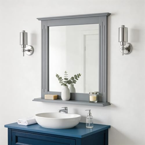 Tangkula Bathroom Wall Mirror with Shelf, Square Makeup Mirror Wall Hanging Mirror, Vanity Mirror for Dressing Room Washroom Bedroom, Modern Concise Wall Mounted Mirror (Grey)