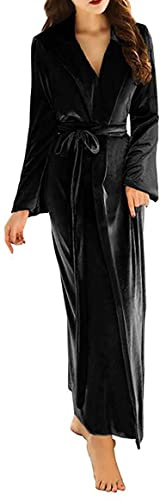 Sayno Peignoir long en velours avec col en V et ceinture pour femme, Noir , S