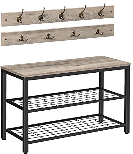 HOOBRO Garderobe Schuhregal Set, Schuhbank mit Sitzfläche, Garderobenständer, Wandgarderobe mit 9 Haken, Flurgarderobe, für Flur, Eingangsbereich, Industrielles, Greige-Schwarz EBG07MT01