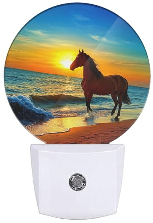 Uanvaha Beautiful Sunset Nightlight Brown Horse Running by The Sea Night Lights Plug into Wall Dusk to Dawn Sensor Round Night Light for Adults Boys Girls, 0.5W Energy Efficient