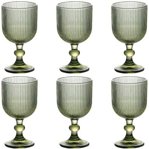 Taganov Green Drinking Glasses set of 6 Big Wine Goblets Vintage Colored Glassware 13 oz for Wedding Party Bar Vertical Line Embossed Pattern Stemmed Cups 400ml