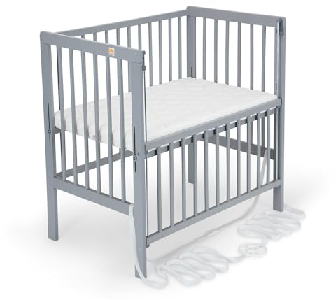 FabiMax Baby Beistellbett Flex mit innovativem Seitengitter für Boxspringbett, Buche massiv grau, inkl. Matratze Air