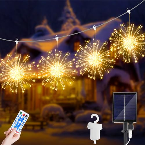 JIMACRO Solar LED Luci Decorative Stringa, 4 Pezzi 120 LEDs Luci Fuochi d'Artificio, 8 Modalità Impermeabile Luci Fuochi d'Artificio Fatate Natalizie con Telecomando per Interno Esterno Decorazioni