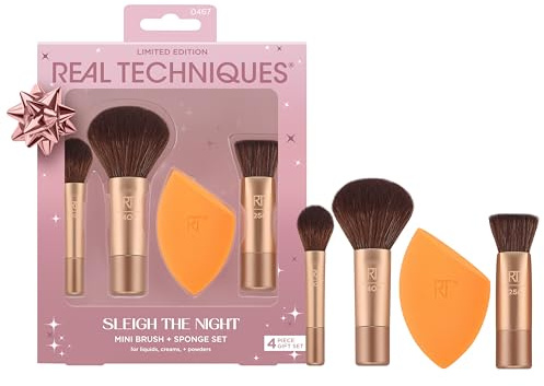 REAL TECHNIQUES Sleigh The Night Mini Brush + Sponge 4 Piece Set, Small Makeup Brushes For Travel, Makeup Sponge For Foundation & Concealer, Stocking Stuffer, Limited Edition, Latex-Free