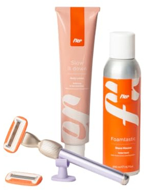 Fler Smooth Skin Set - Rasoio Donna con Supporto e 2 Lamette di Ricambio, Rasoi Unisex, Set con Mousse per la Depilazione e Crema Corpo Lenitiva, Lametta con Aloe Vera (Lilla Lilac, Crema 150ml)