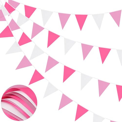 Guirlande de fanions de 20 m, Drapeaux Rose doré Rose et Blanc en Tissu Polyester, 52 Drapeaux imperméables et réutilisables pour la Maison, l'extérieur, Les Anniversaires, Les Mariages, Les fêtes