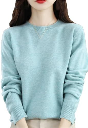 Suéter de lana merino 100 % para mujer, de punto liso, parte inferior de manga larga, cuello redondo, azul claro, M