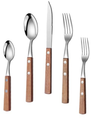 BELLIFFY Cubiertos Reutilizables Con Mango De Madera Utensilios De Acero Inoxidable Para Buffet Incluyen Cuchillo Para Carne Para Hogar y Eventos