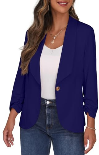 PrinStory Blazer da donna con colletto a risvolto 3/4 maniche increspate giacca con un bottone cardigan corto blazer da ufficio abbigliamento casual, Blu scuro, 42