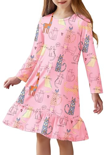 Arshiner Chemise de Nuit Fille Pyjama Manches Longues Enfant Col Rond Robe Pyjama Hiver Vêtements de Nuit pour Fille A-Line Nightdress 4-12 Ans