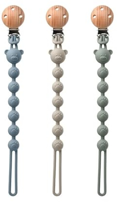 RhiVrillion 3er-Pack Schnullerkette Aus Silikon, Geeignet für Baby Hält Schnuller Sauber, Weiche Flexible Langlebig, hellgrau Grün Blau