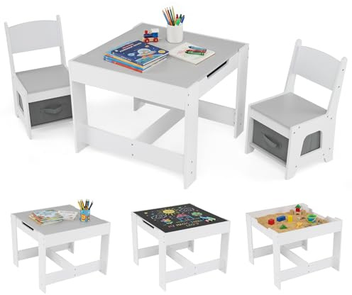 Maxmass 3PCS Kids Table and Chair Set, Wooden Toddler Play Table with Removable Double Side Tabletop, Storage Drawers, Children Activity Desk Furniture for Eating Drawing Reading Learning (Gray)