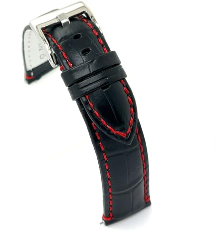 diloy Cinturino pelle vitello stampato coccodrillo scaglia quadrata imbottito sportivo – Misure 14mm 16mm 18mm 20mm 22mm 24mm 26mm 28mm 30mm – Elegante e resistente 368 Nero E Rosso 20mm