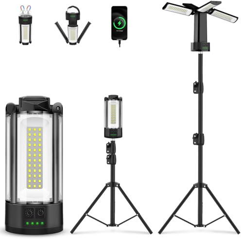 T-SUN Foco LED Recargable con Trípode, 4 Modos Luz Recargable Portátil, 10400mAh Lámpara Camping, 4 Cabezales Ajustables Lámpara de Trabajo para Construcción Taller Camping(Negro)