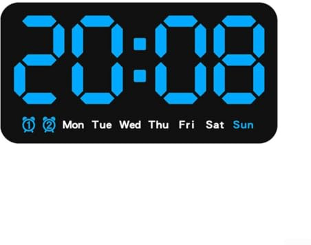 DAZZLEEX Horloge murale numérique avec grand écran LED, date, jour de la semaine et heure, format 12/24 heures, luminosité réglable à 3 niveaux, alarme à piles pour chambre à coucher, salon (bleu)